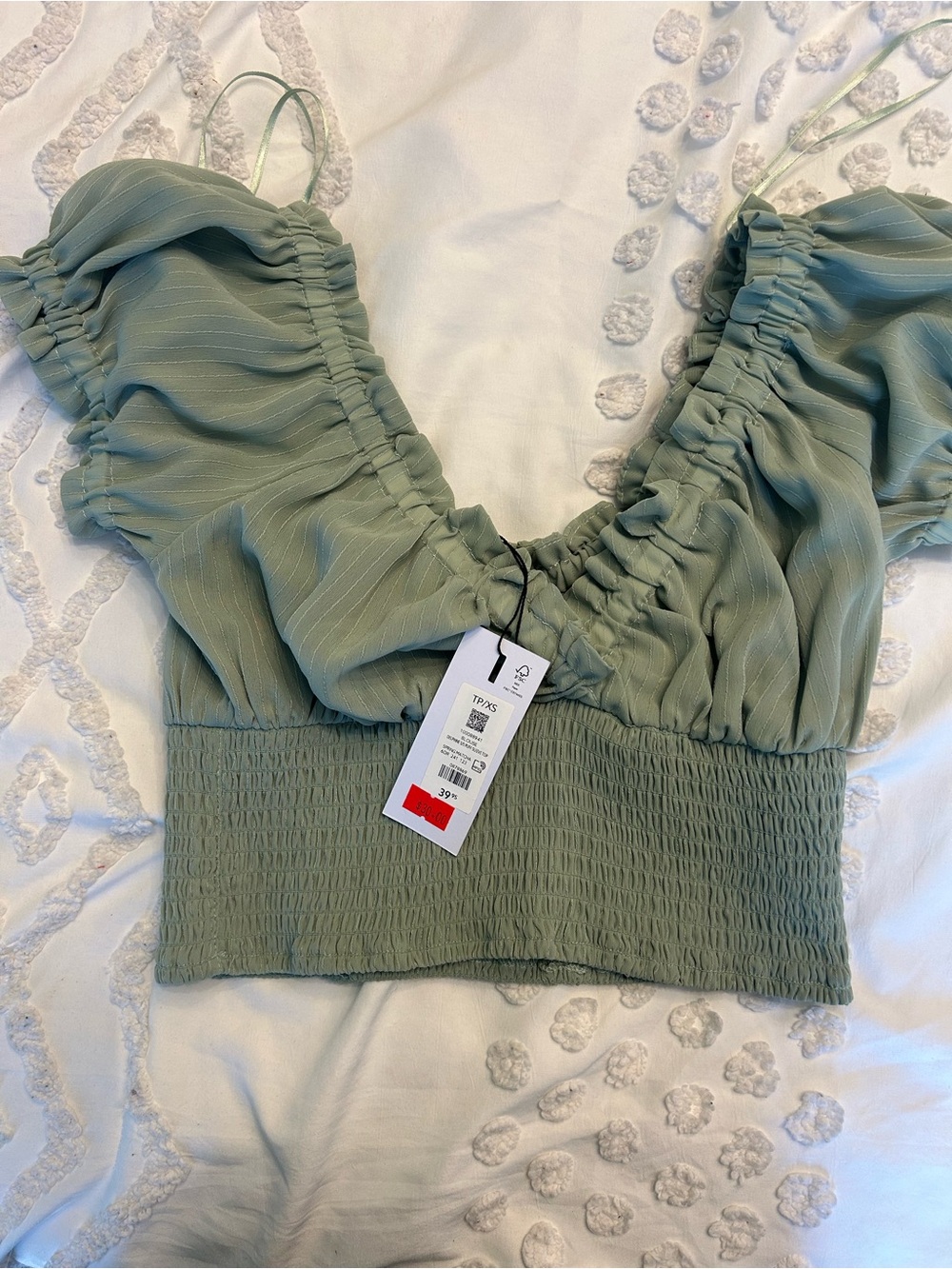 Dynamite Sage Green Ruched Smocked Crop Top
